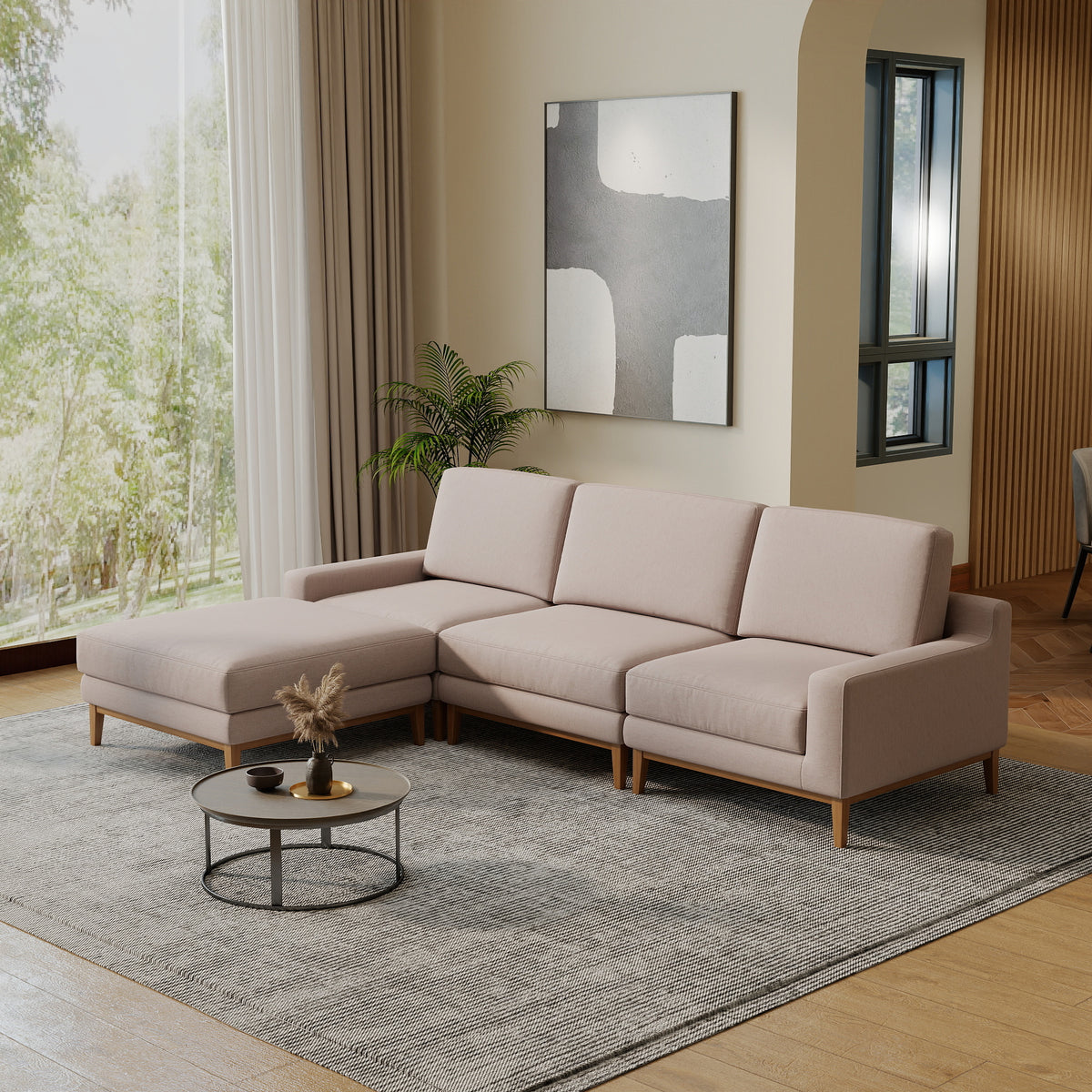 L-Shaped Linen-Look Sectional Sofa with Solid Wood Legs, Modular Chaise Couch for Living Room