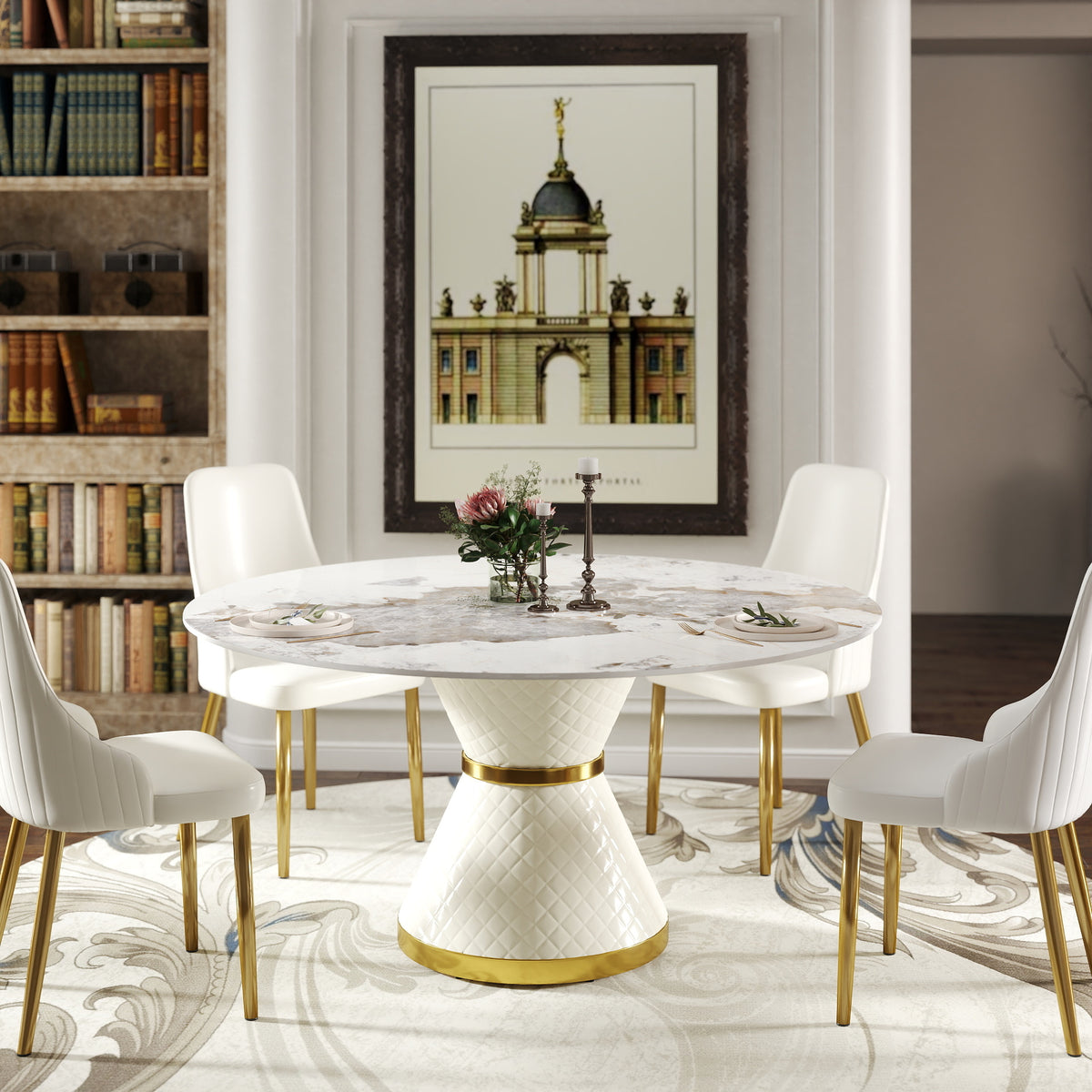 2 Sizes Round Sintered Stone Dining Table – Optional Rotating Lazy Susan, 2 Colors (Black/White) Pedestal Base with Gold Trim, Marble Pattern Tabletop