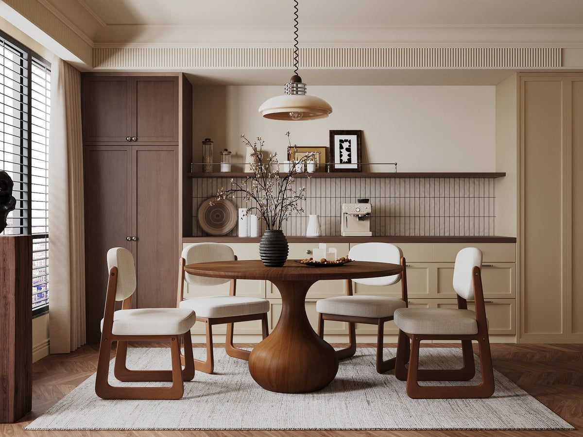 Round Wood Dining Table, Tulip Pedestal Dining Table with Starburst Veneer Tabletop