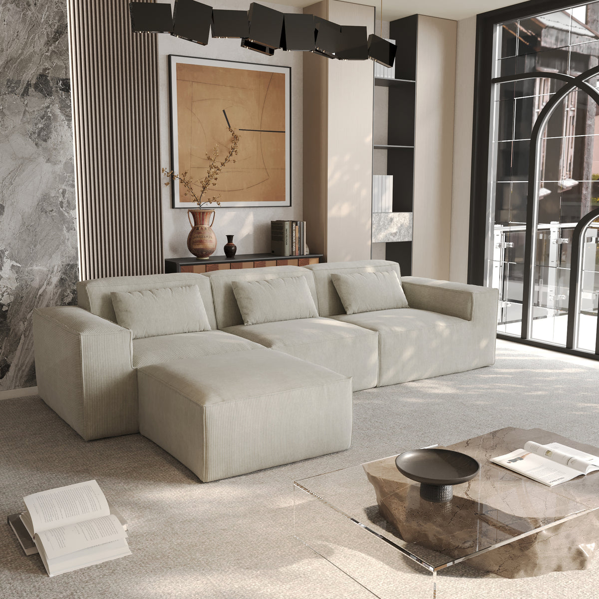 Compressible Modular Sectional Sofa – Cloud Velvet Fabric + Flexible Assembly, Minimalist Relaxed Vibe Living Room Sofa