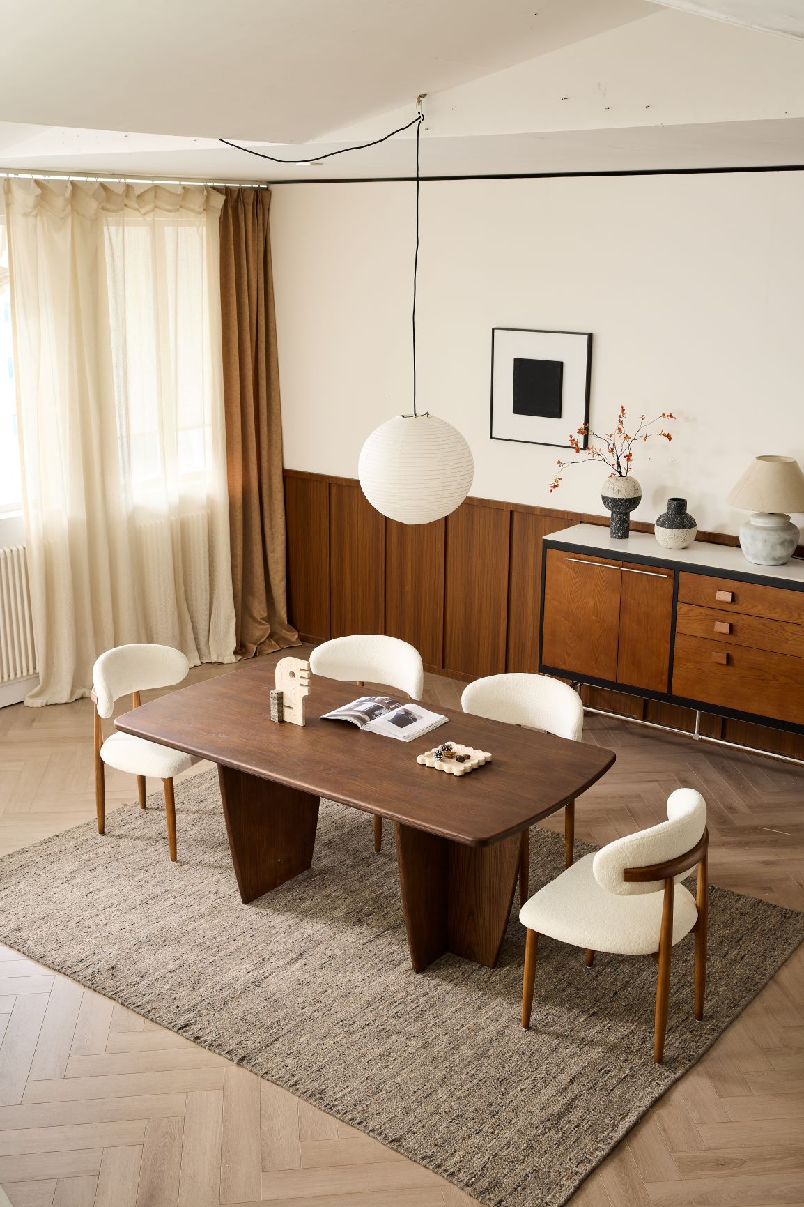Modern Minimalist Dining Table with Tapered Walnut Base