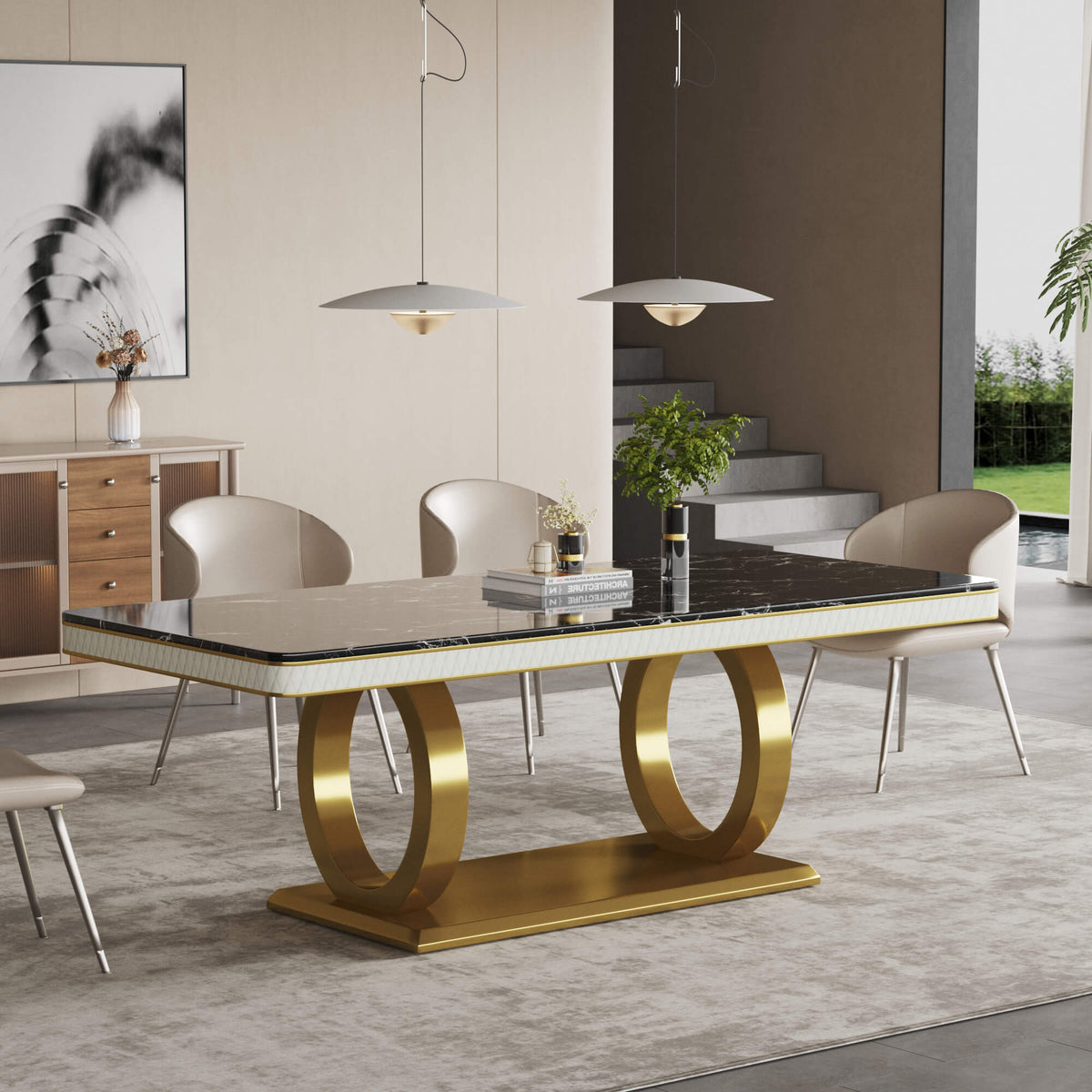 Modern Marble Dining Table, U-Shape Stainless Steel Base for Dining Room