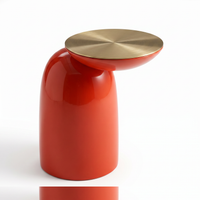 【LAS VEGAS MARKET EXHIBIT】Glossy Orange-Red Sculptural Side Table, Brushed Brass Round Top Modern Accent End Table for Living Room
