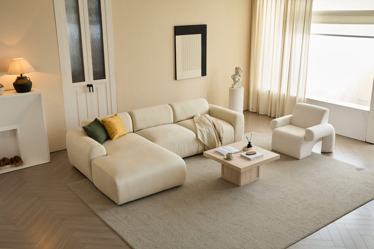 L-Shaped Sectional Sofa – Beige Cloud Sofa, Fixed Chaise Lounge, Oversized Deep Seat Couch