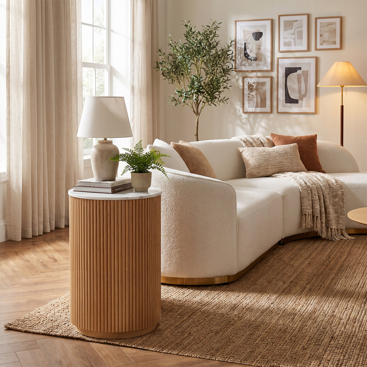 Ribbed Round Side Table – Natural Wood with Marble Tabletop, Modern End Table for Living Room
