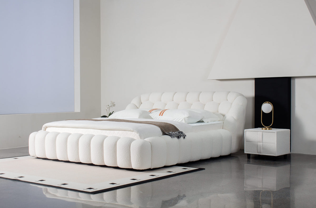 Bubble Tufted Platform Bed – Lamb Wool Upholstered Bed Available in Queen (60×80in) & King (76×80in) Frame Sizes