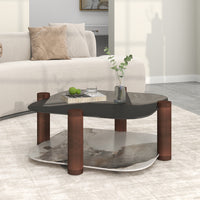 Two-Tier Coffee Table with Glass & Artificial Marble Tops, 2 Color Options (Bronze/White)
