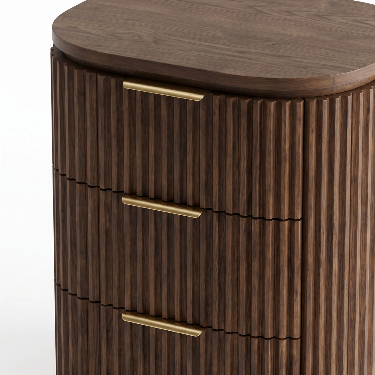 【LAS VEGAS MARKET EXHIBIT】Fluted 3-Drawer Walnut Nightstand with Brass Handles