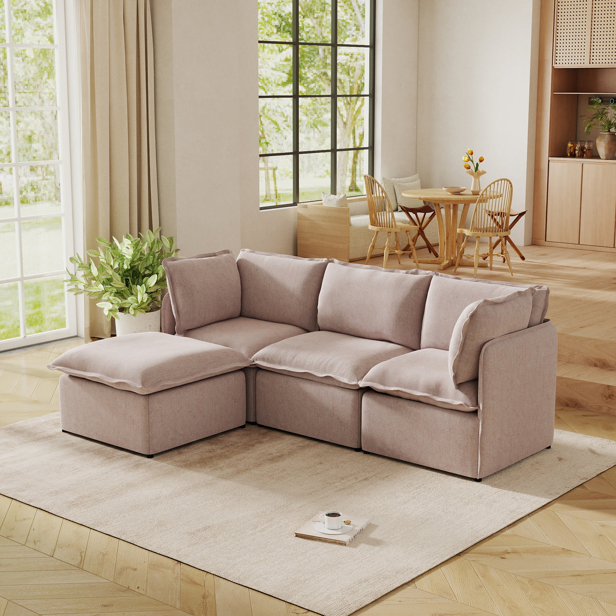 Modular L-Shaped Linen-Look Sectional Sofa, 4 Color Options, Freely Reconfigurable Couch with Removable Washable Covers & Sturdy Iron Frame