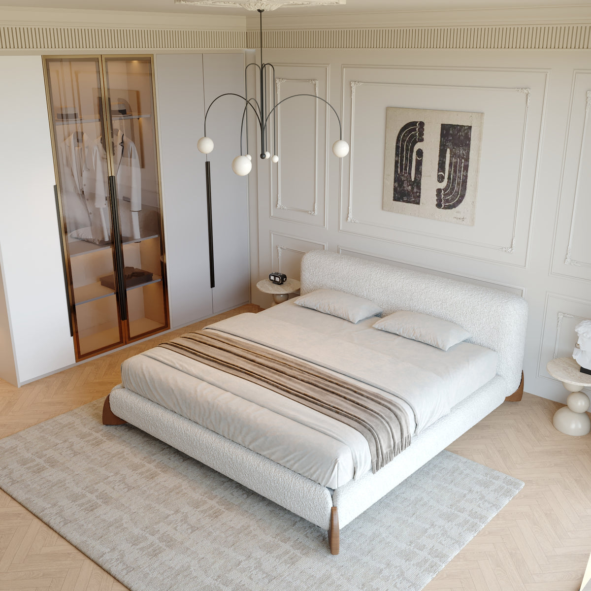 Boucle Fabric Minimalist King Size Bed