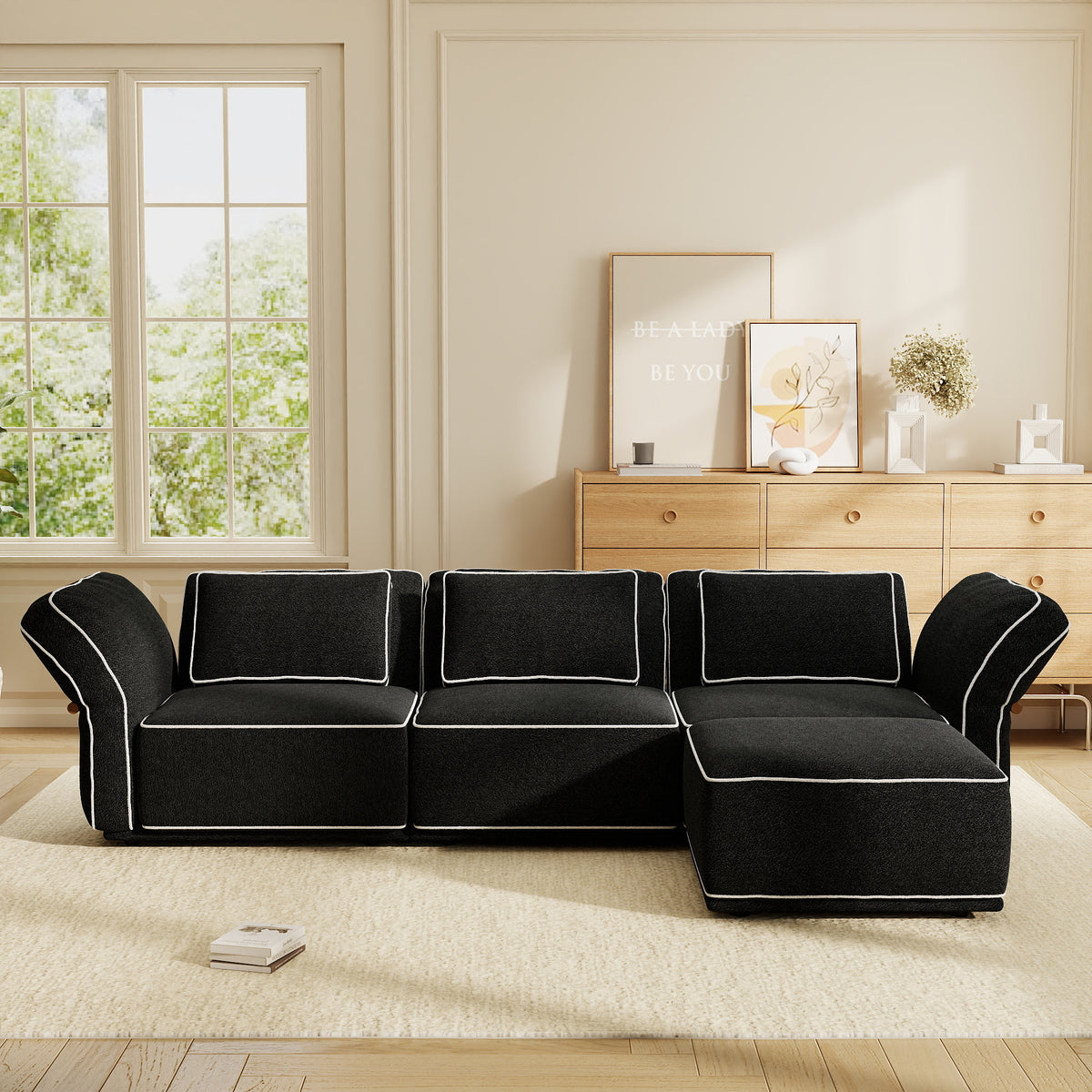 Boucle Fabric Modular Sectional Sofa with Chaise, Detachable Slipcover Contrast Stitch Block Sofa for Living Room