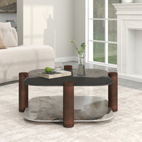 Two-Tier Coffee Table with Glass & Artificial Marble Tops, 2 Color Options (Bronze/White)