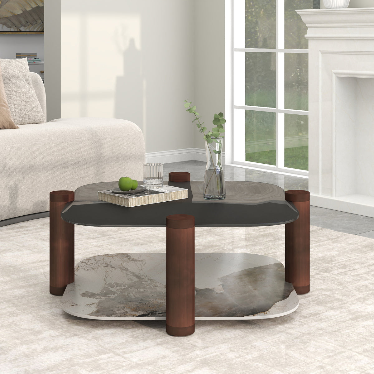 Two-Tier Coffee Table with Glass & Artificial Marble Tops, 2 Color Options (Bronze/White)