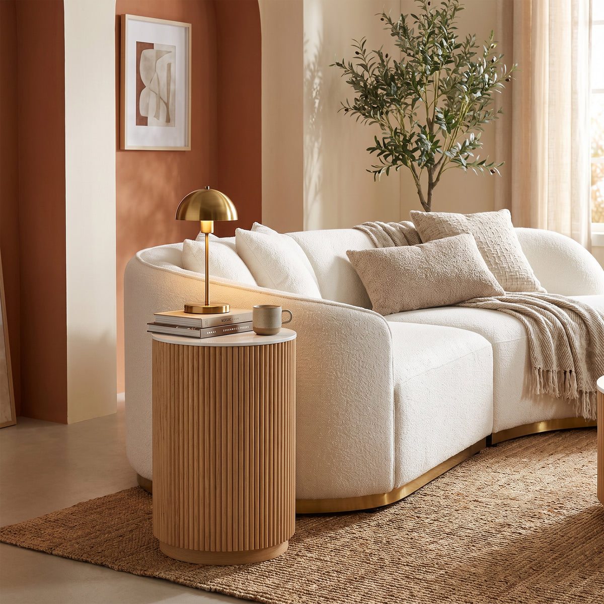 Ribbed Round Side Table – Natural Wood with Marble Tabletop, Modern End Table for Living Room