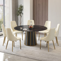 2 Sizes & 3 Colors Round Marble-Pattern Dining Table – Optional Rotating Lazy Susan, Black & Gold Metal Pedestal Base