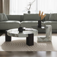 Black & White Veined Laminate Round Coffee Table – Contrast Block Legs Center Table