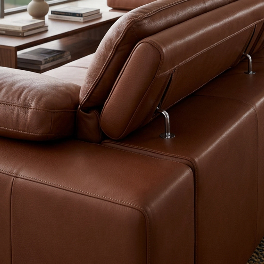 4-Seater Leather Look Sofa with Adjustable Headrests & Side Pocket Storage