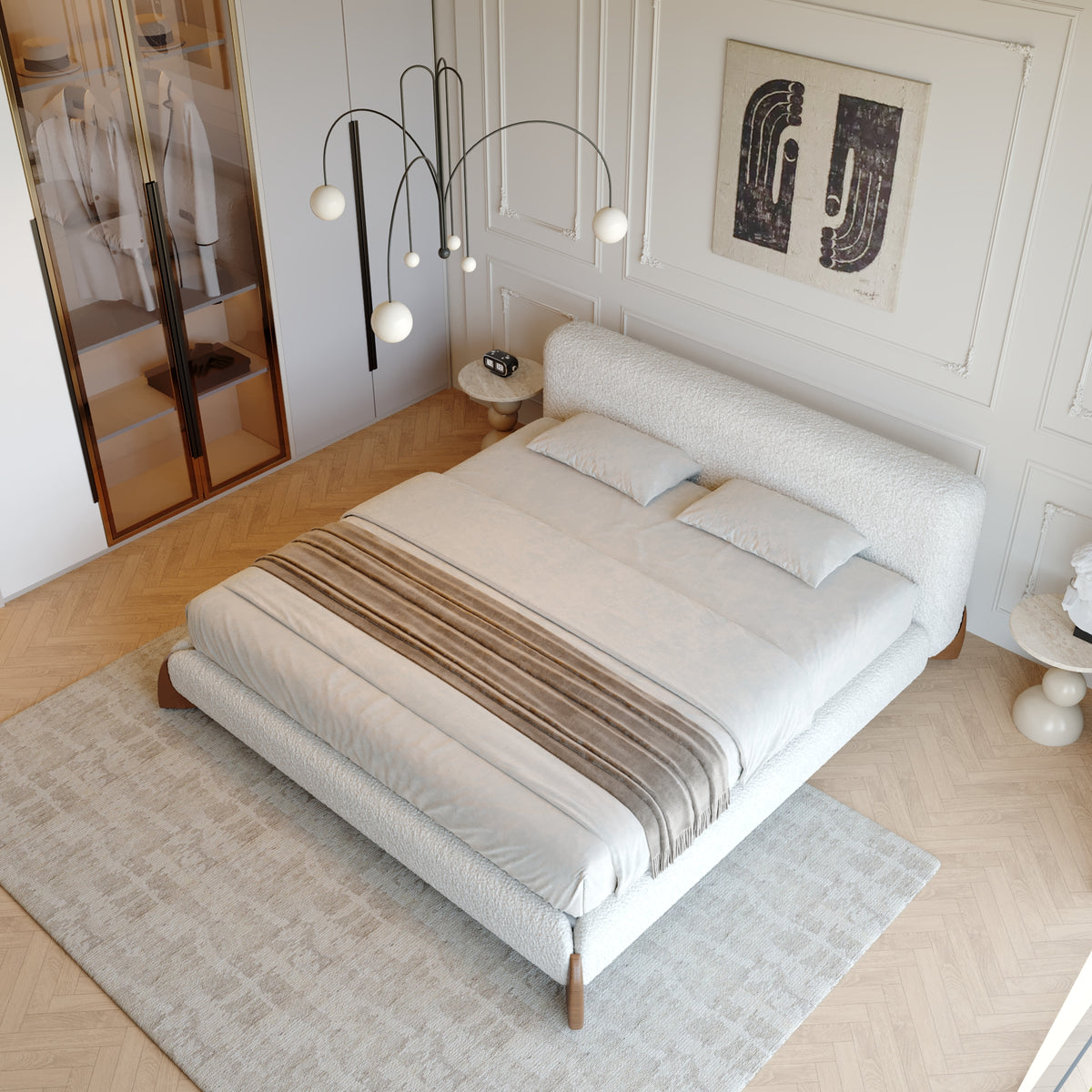 Boucle Fabric Minimalist King Size Bed