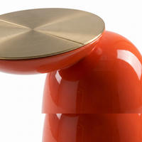 【LAS VEGAS MARKET EXHIBIT】Glossy Orange-Red Sculptural Side Table, Brushed Brass Round Top Modern Accent End Table for Living Room