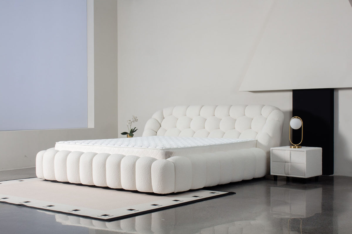 Bubble Tufted Platform Bed – Lamb Wool Upholstered Bed Available in Queen (60×80in) & King (76×80in) Frame Sizes