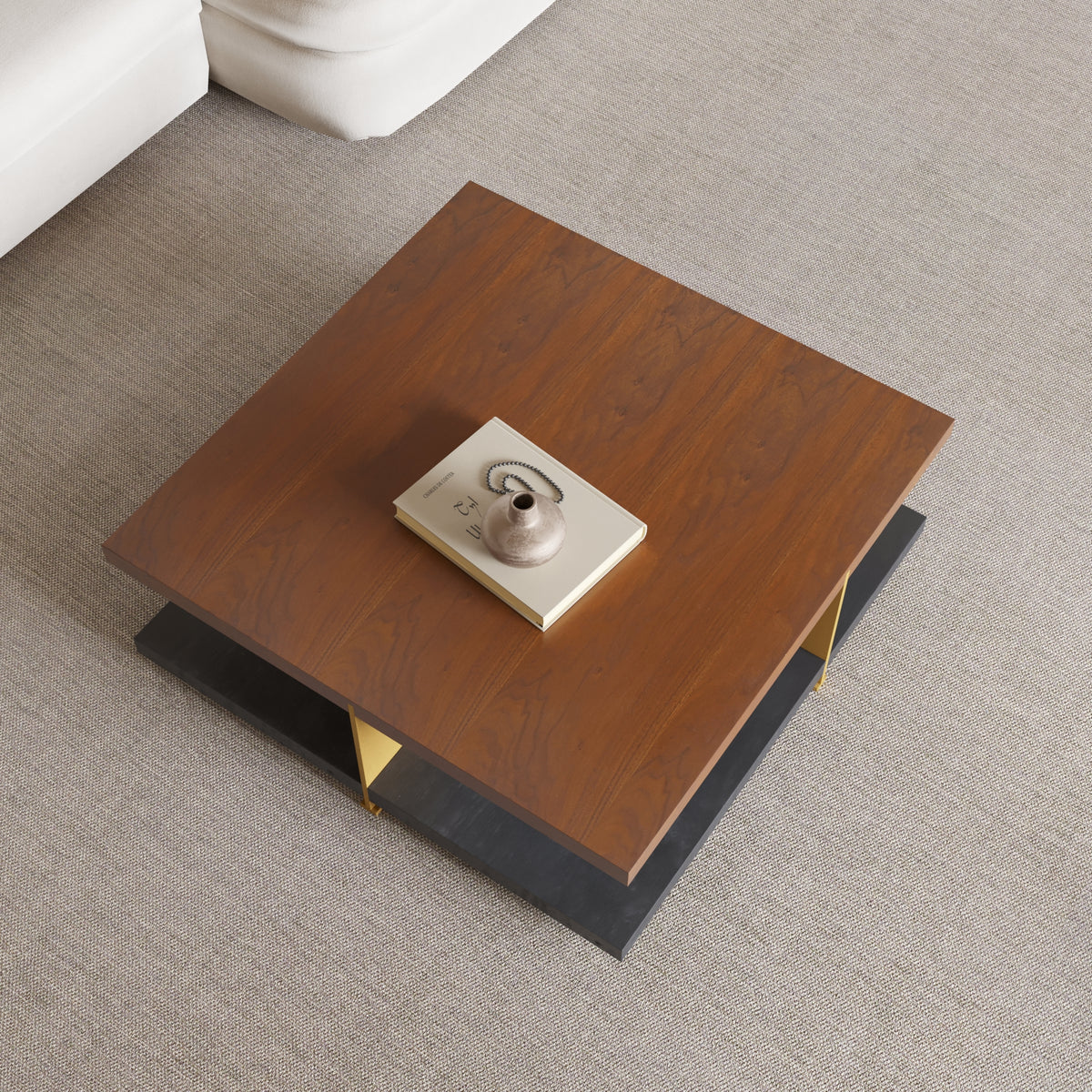 Walnut & Black Ash Square Coffee Table with Gold Accents