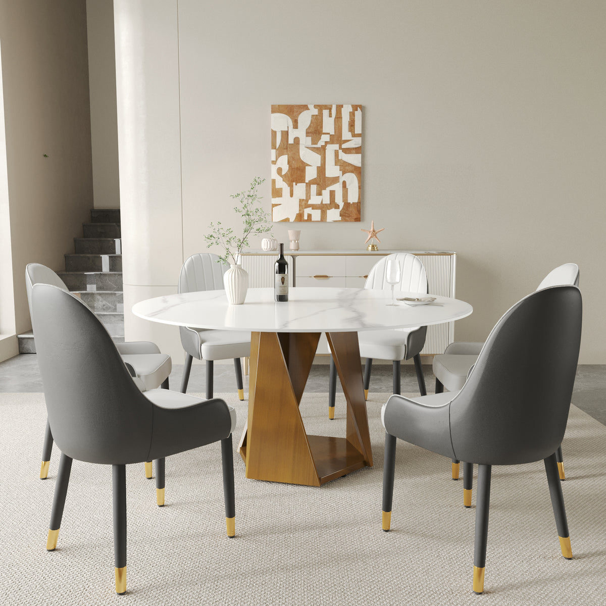 3 Color Round Tabletop Dining Table (53/59inch) – Optional Rotating Lazy Susan, 2-Tone Legs (Black/Antique Brass) for Modern Home