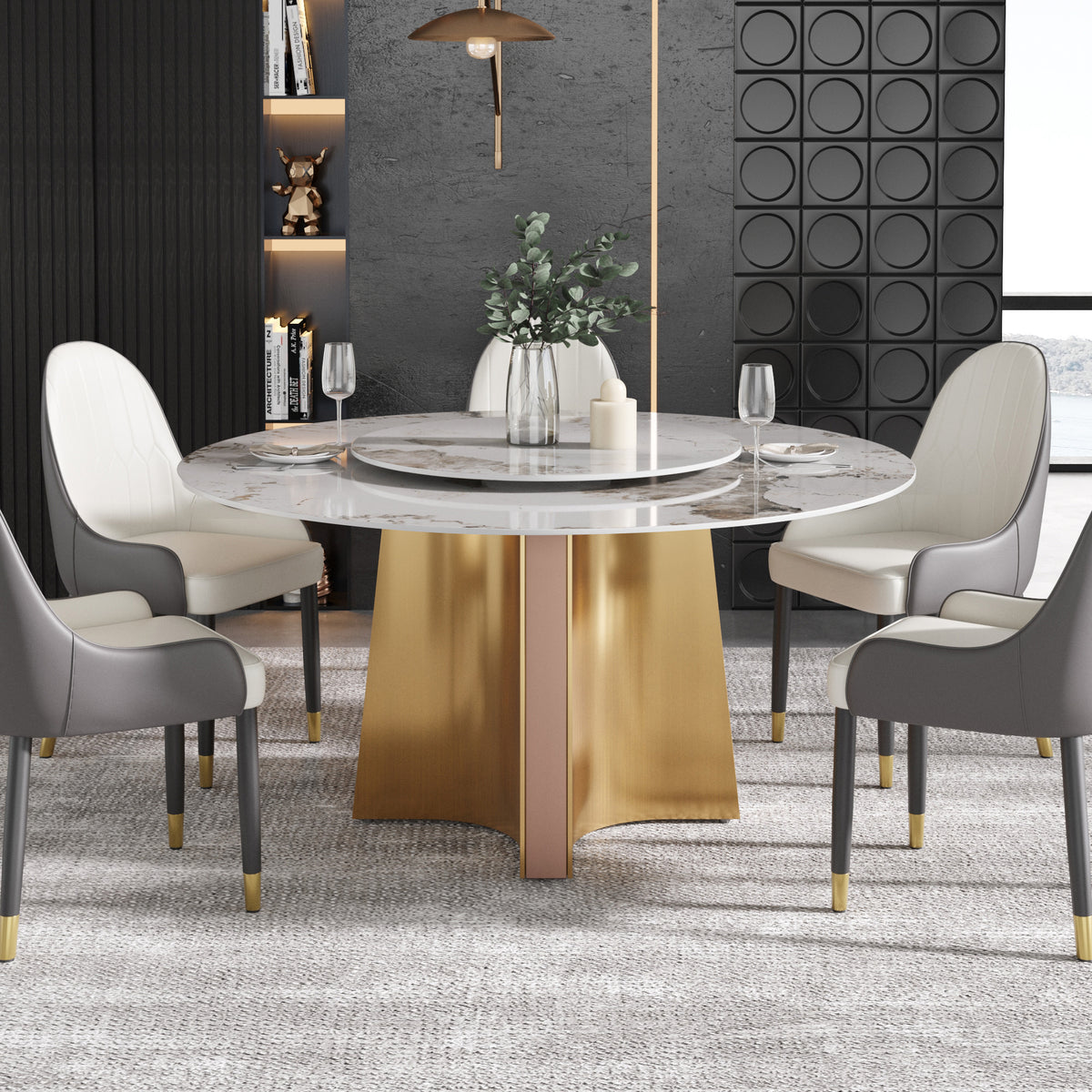 2 Sizes & 3 Colors Round Sintered Stone Dining Table – Optional Rotating Lazy Susan, Gold-Rose Gold Pedestal Base for Luxury Home