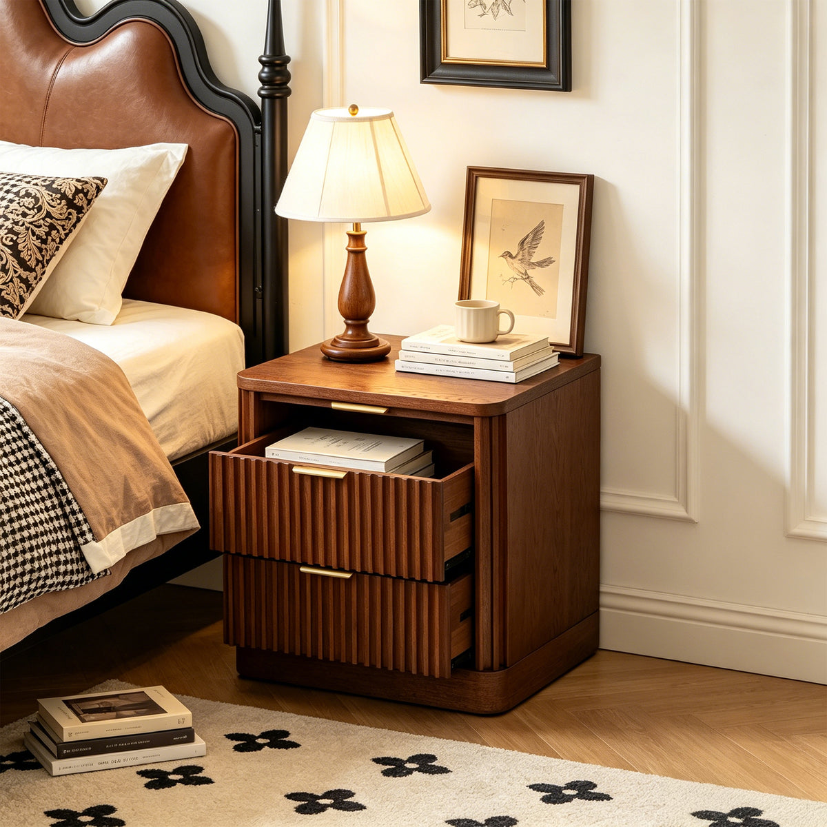 Fluted Solid Wood Nightstand with 2 Drawers, Vintage Rounded Bedside Cabinet for Bedroom Storage