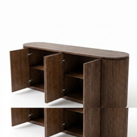 【LAS VEGAS MARKET EXHIBIT】Fluted 4-Door Oval Sideboard, Dark Walnut Finished Wood Ribbed Credenza with Fixed Internal Storage Shelves