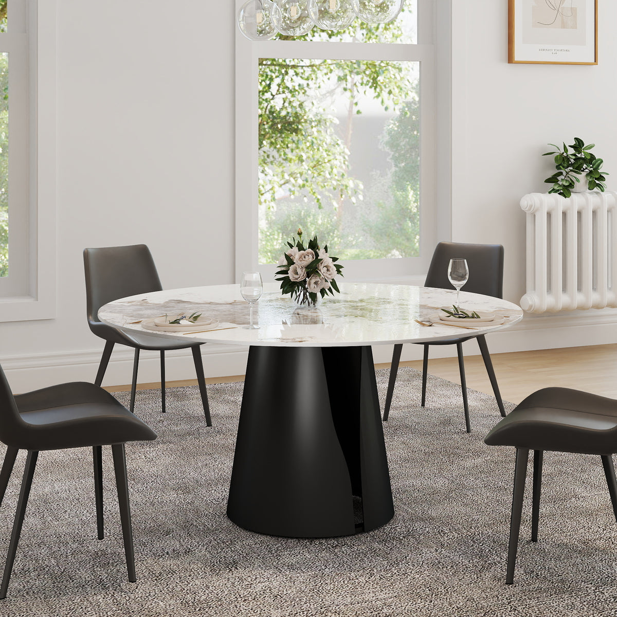 2 Sizes Round Pandora-Color Dining Table – Optional Rotating Lazy Susan, Black Pedestal Base