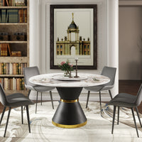 2 Sizes Round Sintered Stone Dining Table – Optional Rotating Lazy Susan, 2 Colors (Black/White) Pedestal Base with Gold Trim, Marble Pattern Tabletop