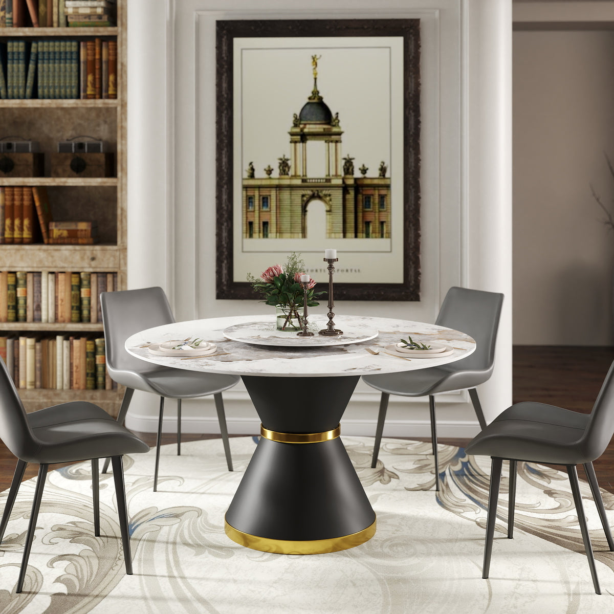 2 Sizes Round Sintered Stone Dining Table – Optional Rotating Lazy Susan, 2 Colors (Black/White) Pedestal Base with Gold Trim, Marble Pattern Tabletop