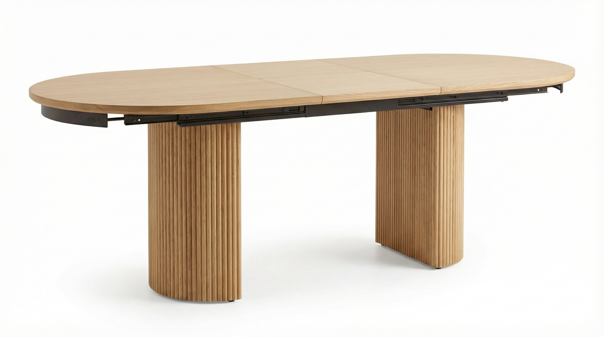 【LAS VEGAS MARKET EXHIBIT】Extendable Oval Dining Table – Solid Oak Wood Table with Fluted Legs