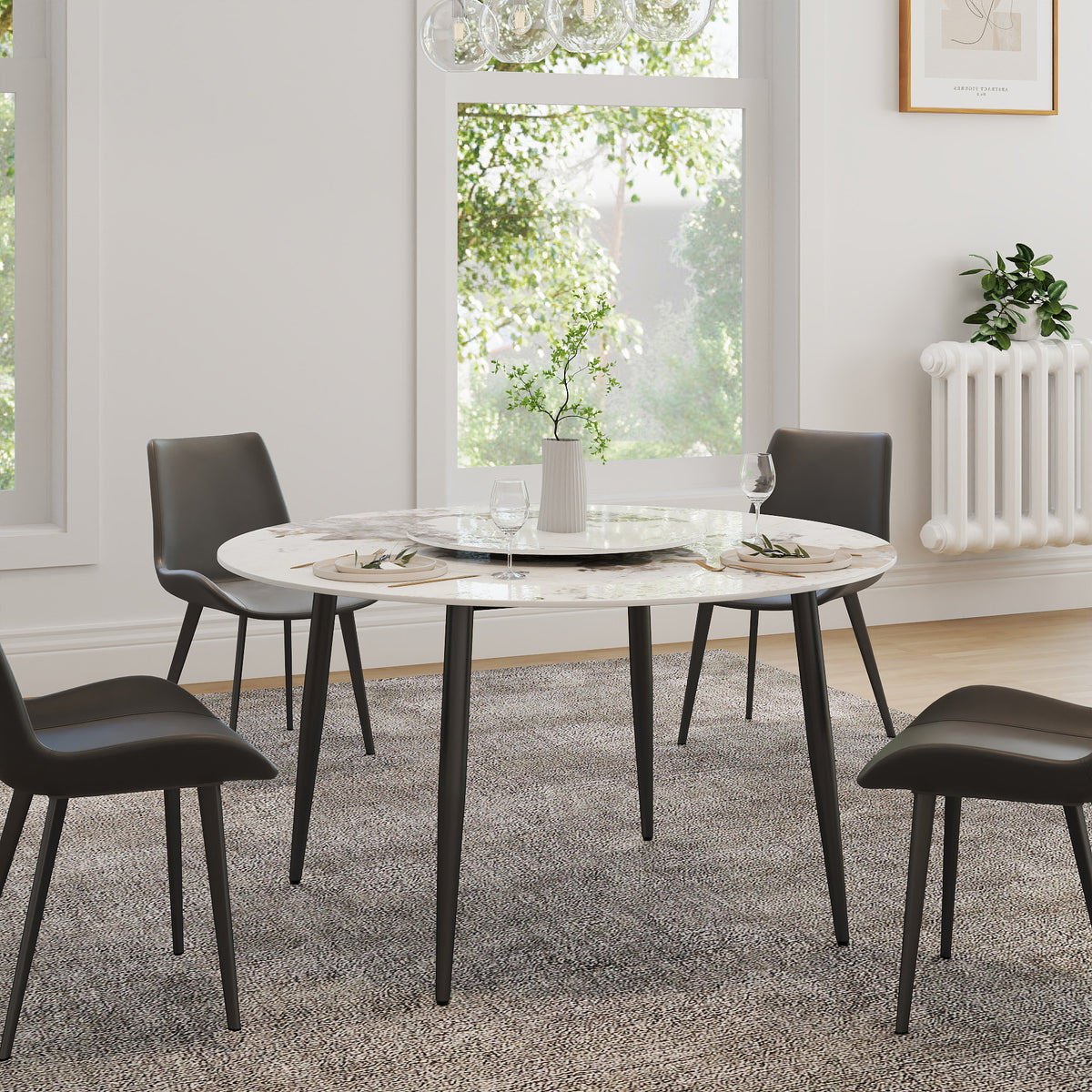 2 Sizes Round Sintered Stone Dining Table – Optional Rotating Lazy Susan, Black Metal Legs, Marble Pattern Tabletop for Modern Home