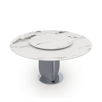 2 Sizes & 3 Colors Round Sintered Stone Dining Table – Optional Rotating Lazy Susan, Polished Gray Stainless Steel Pedestal Base, Marble Pattern Tabletop for Home Kitchen & Dining Room