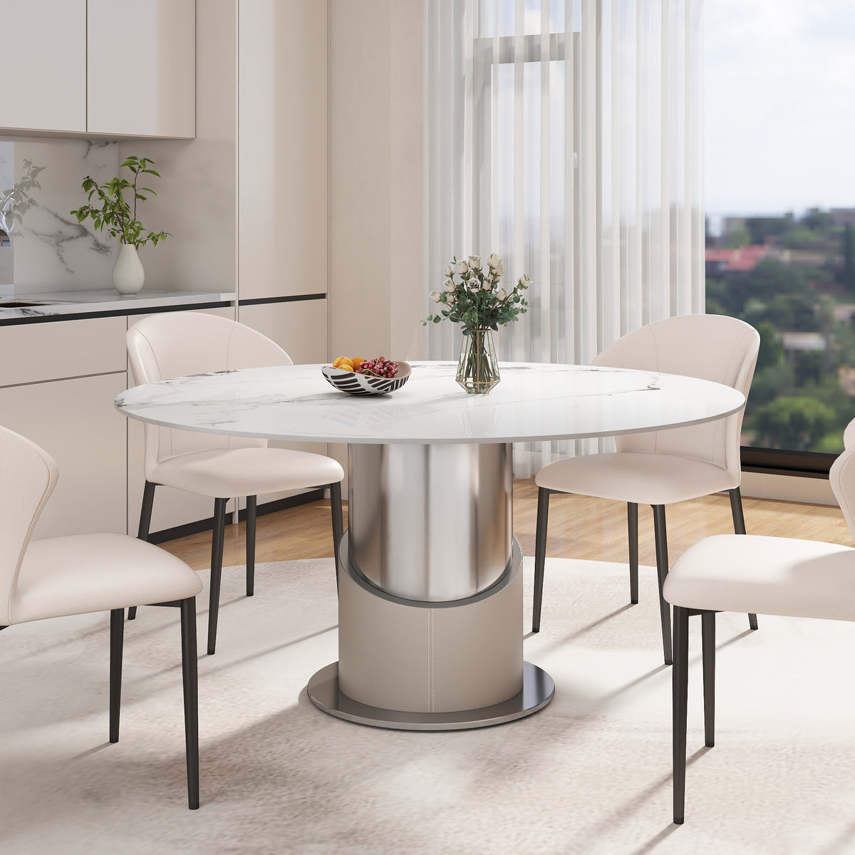 2 Sizes & 3 Colors Sintered Stone Dining Table Optional Rotating Tray Light Luxury Round Table Set for Home