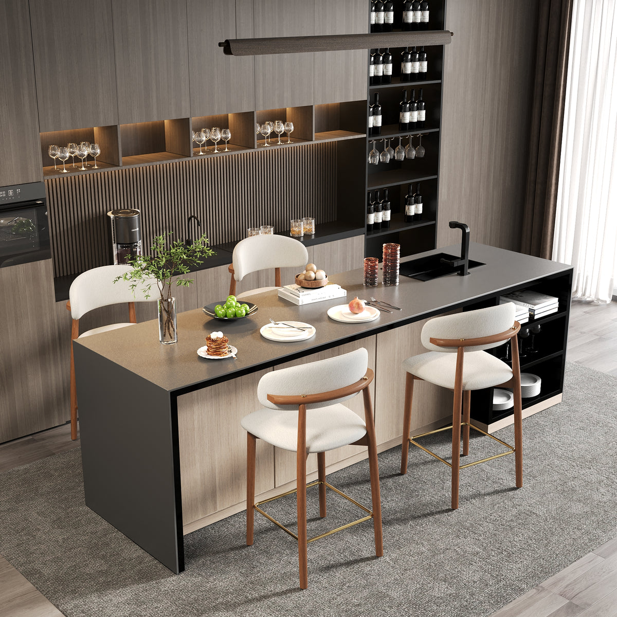 Modern Backrest Upholstered Bar Stool Set – Solid Wood Frame, Metal Footrest, 2-Pack Per Box