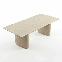 【LAS VEGAS MARKET EXHIBIT】Fluted Travertine Veneer Sintered Stone Dining Table, Oval Double Pedestal Rectangle Table