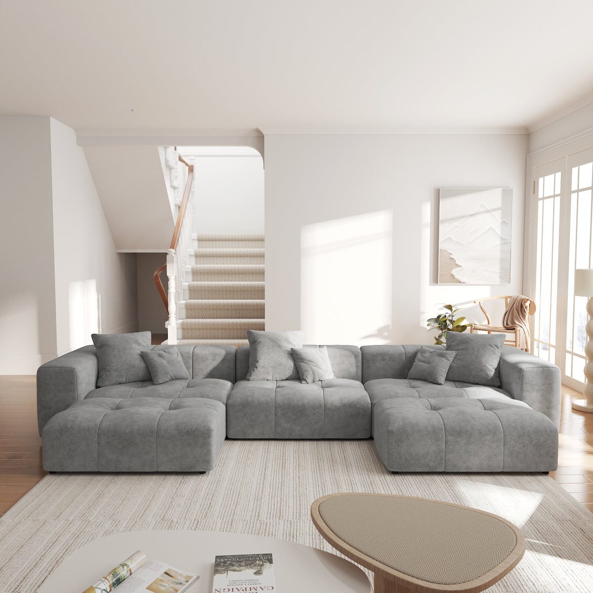 Large-Size Modular Sectional Sofa – Soft Velvet Fabric + 3D Cushions, Open Relaxed Vibe Living Room Sofa