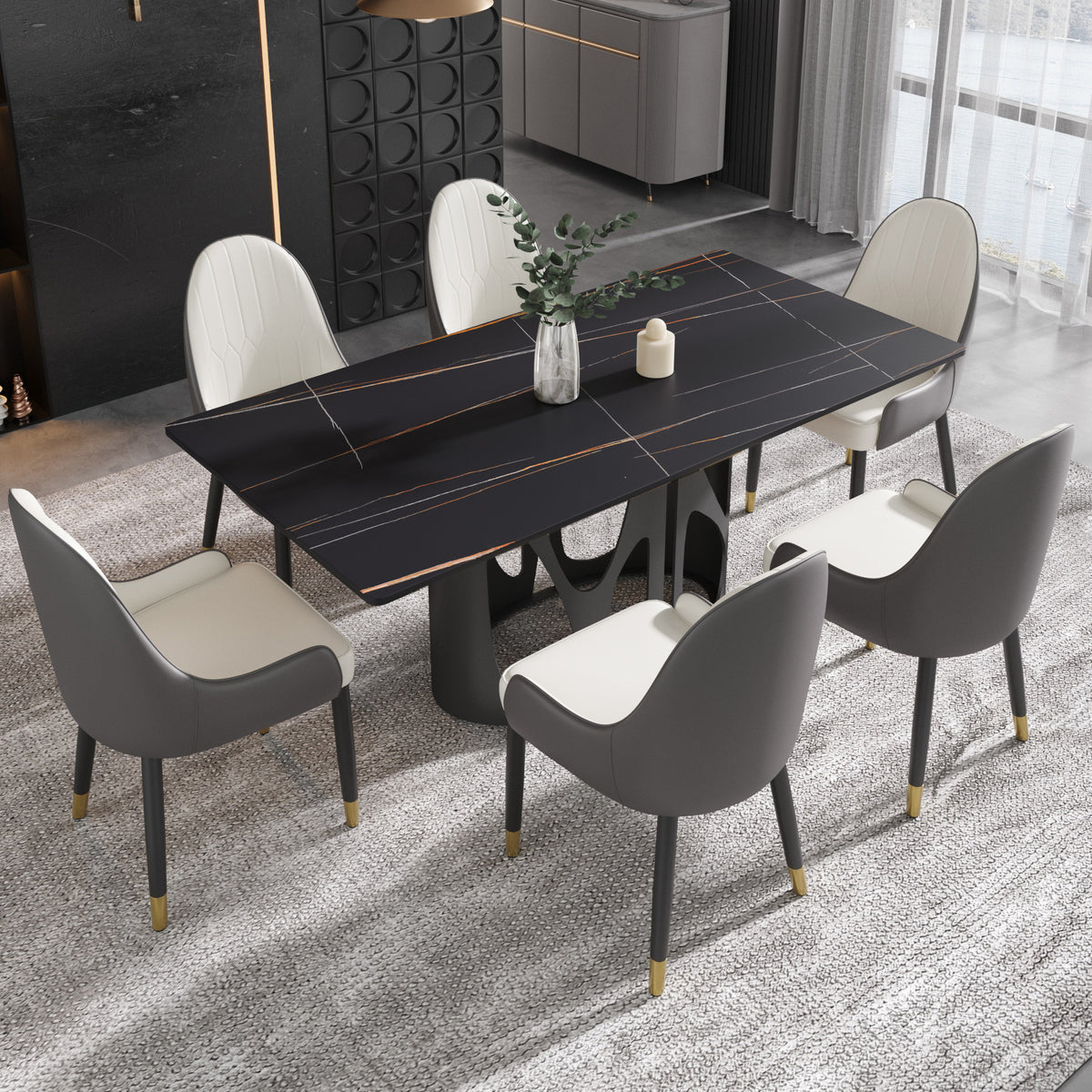 2 Sizes & 3 Colors Rectangular Dining Table – Artistic Cutout Metal Pedestal Base