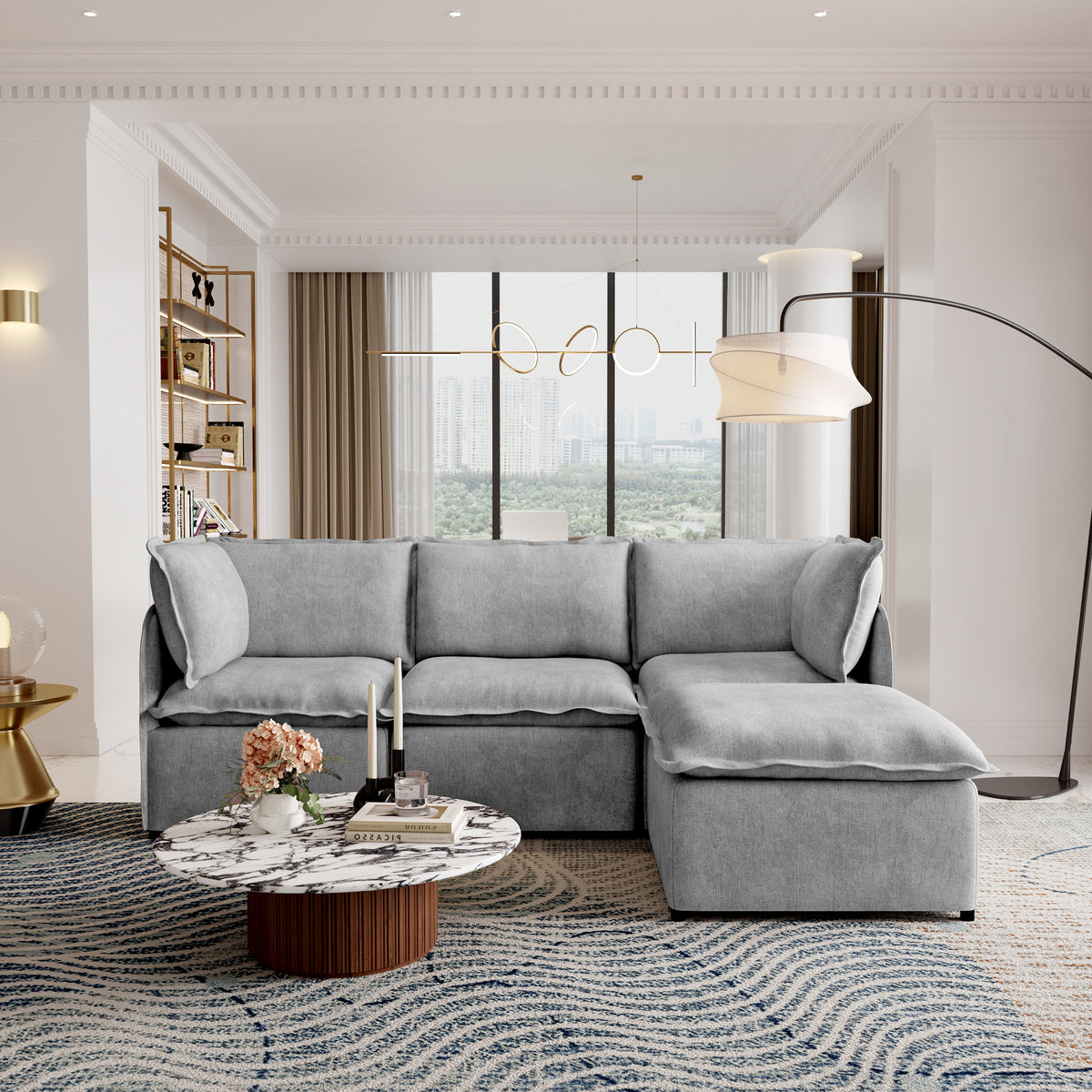 Modular L-Shaped Linen-Look Sectional Sofa, 4 Color Options, Freely Reconfigurable Couch with Removable Washable Covers & Sturdy Iron Frame