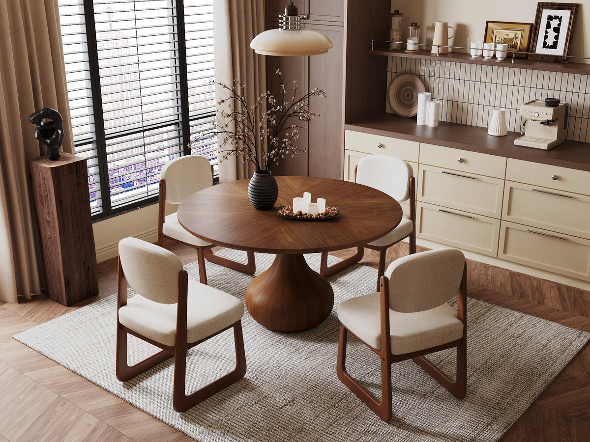 Round Wood Dining Table, Tulip Pedestal Dining Table with Starburst Veneer Tabletop