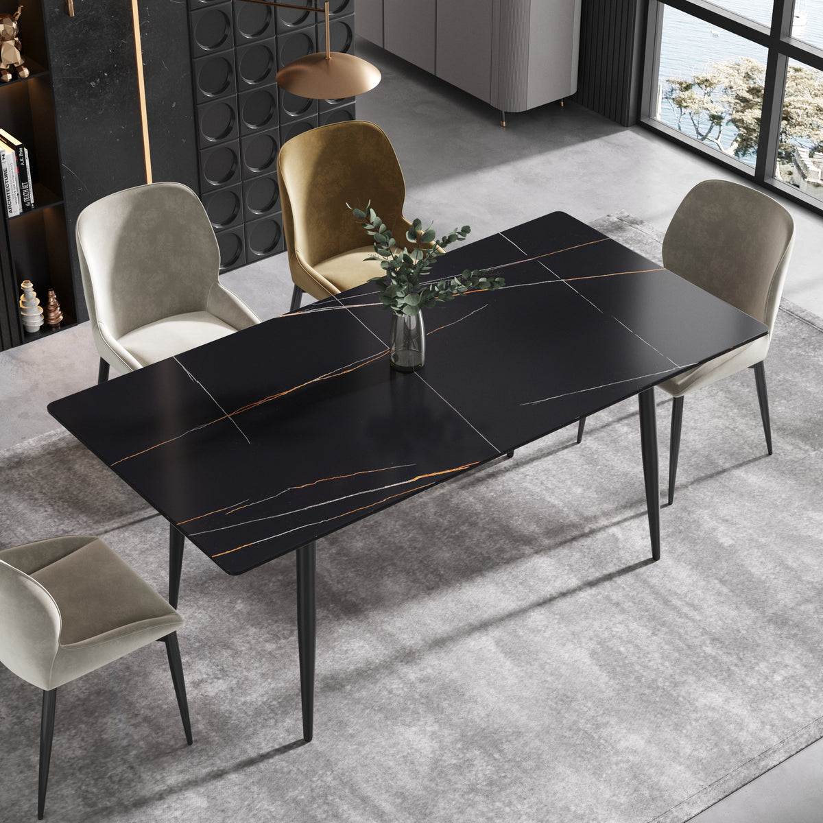 3 Sizes & 3 Colors Rectangular Dining Table – 2-Tone Tapered Metal Legs