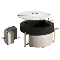 Lift-Top Round Coffee Table with Hidden Storage & 3 Upholstered Stools – 2 Color Options (Black/Natural Wood)