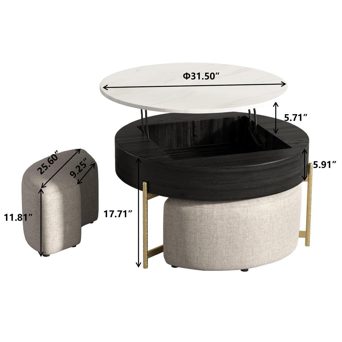 Lift-Top Round Coffee Table with Hidden Storage & 3 Upholstered Stools – 2 Color Options (Black/Natural Wood)