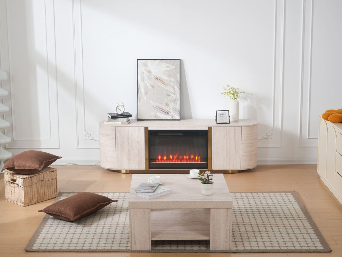 Modern Travertine Panel TV Stand with Fireplace