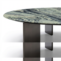 【LAS VEGAS MARKET EXHIBIT】Round Green Vein Sintered Stone Coffee Table, Two Flat Dark Bronze Metal Legs Luxury Living Room Center Table