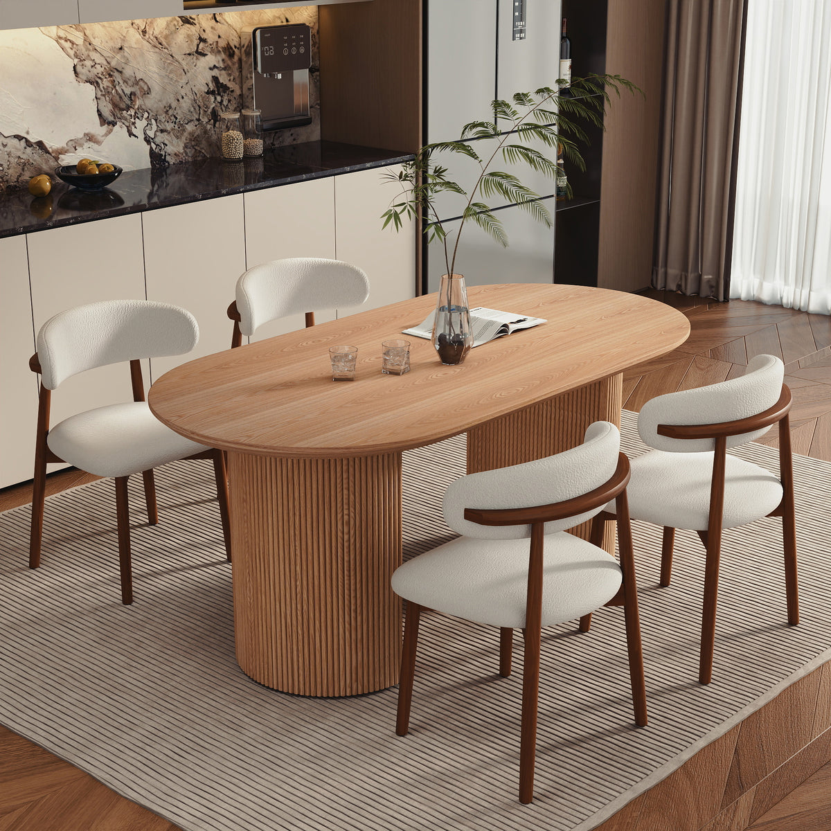 Modern Oval Fluted Pedestal Dining Table – Solid Wood Grain Tabletop for Dining Room