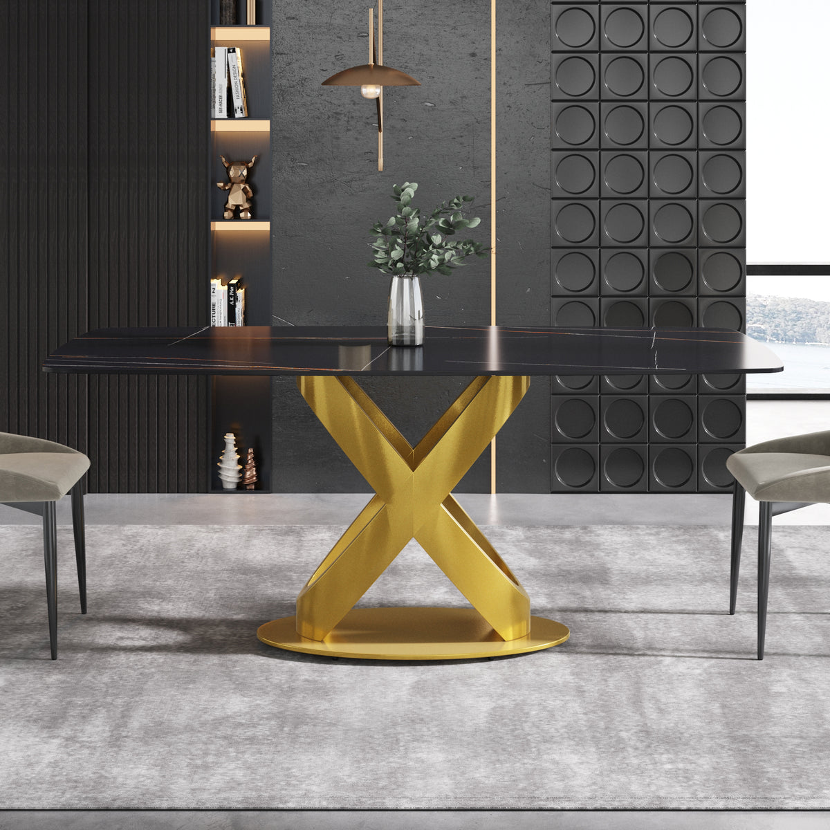 63/70.9inch Sizes & 3 Colors Rectangular Marble Dining Table – Gold/Black Carbon Steel X-Base