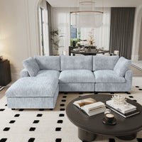 L-Shaped Corduroy Modular Sofa with Ottoman – Cream White Ribbed Fabric, Sectional Sofa for Living Room